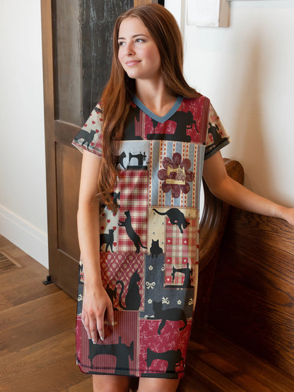 Sewing Lover V-neck Nightshirt Crafty Cat