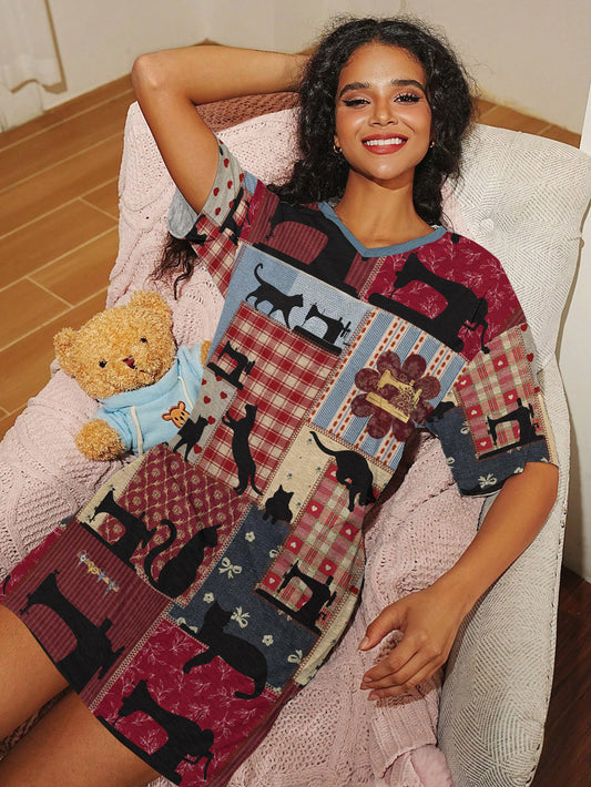 Sewing Lover V-neck Nightshirt Crafty Cat