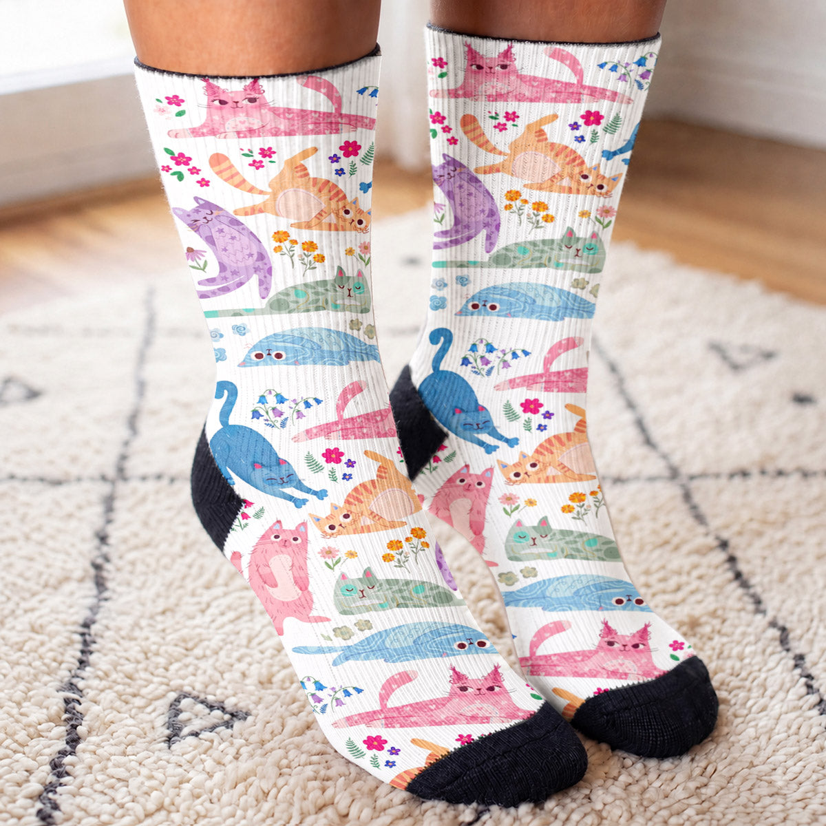 Cat Crew Socks Cute Floral Cat