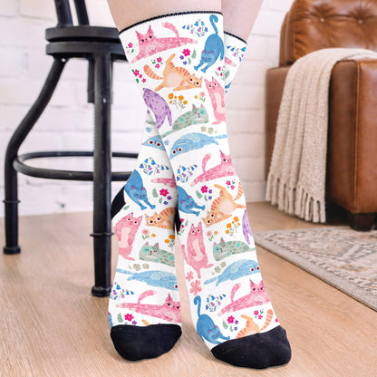 Cat Crew Socks Cute Floral Cat