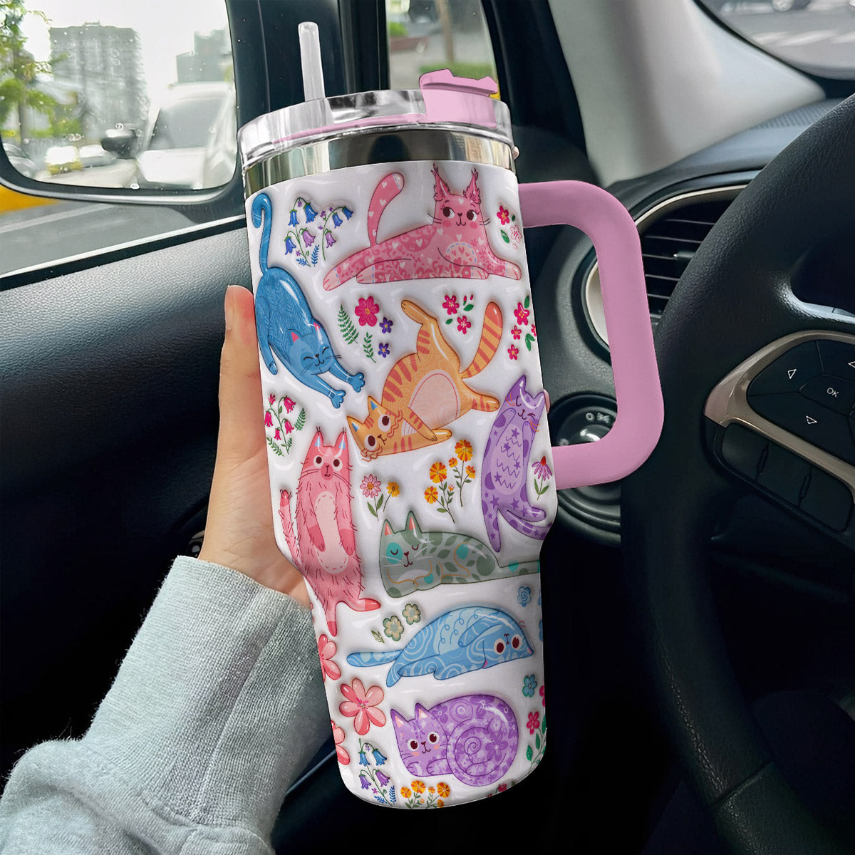 Cat Lover 40 oz Tumbler Cute Floral Cat