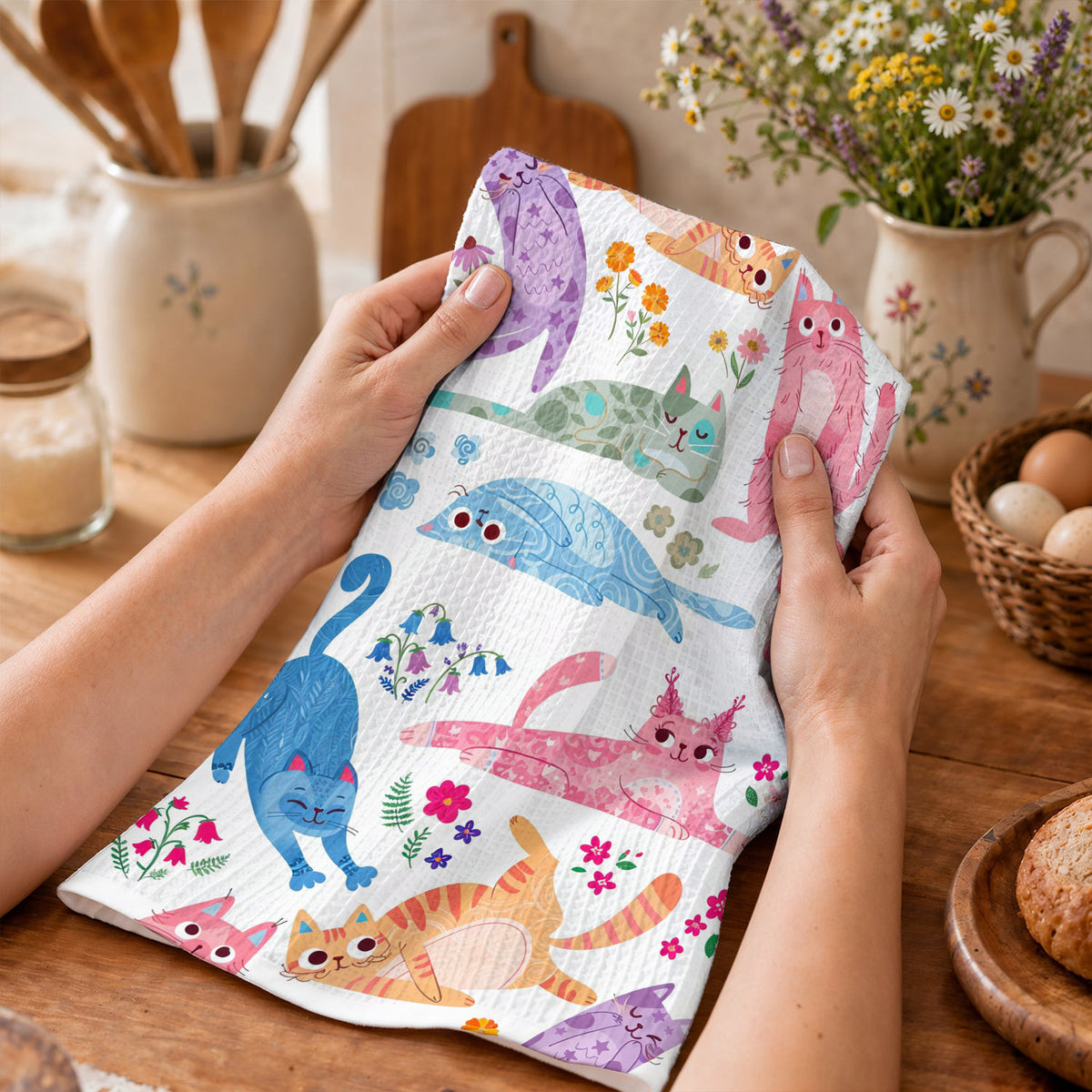 Cat Lover Kitchen Towel Cute Floral Cat