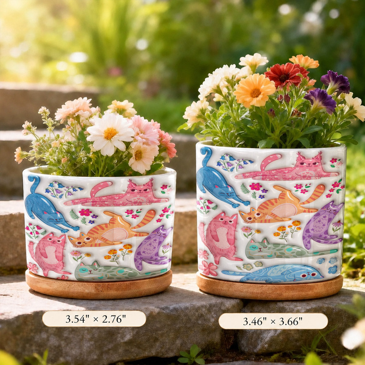 Cat Lovers Ceramic Plant Pot with Bamboo Tray Cute Floral Cat