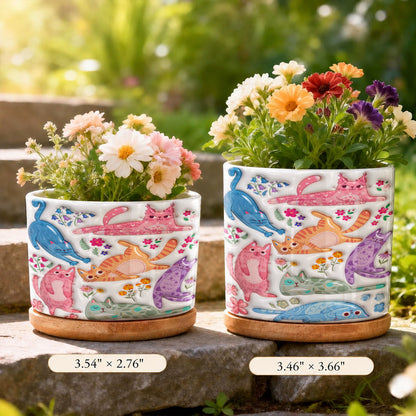Cat Lovers Ceramic Plant Pot with Bamboo Tray Cute Floral Cat