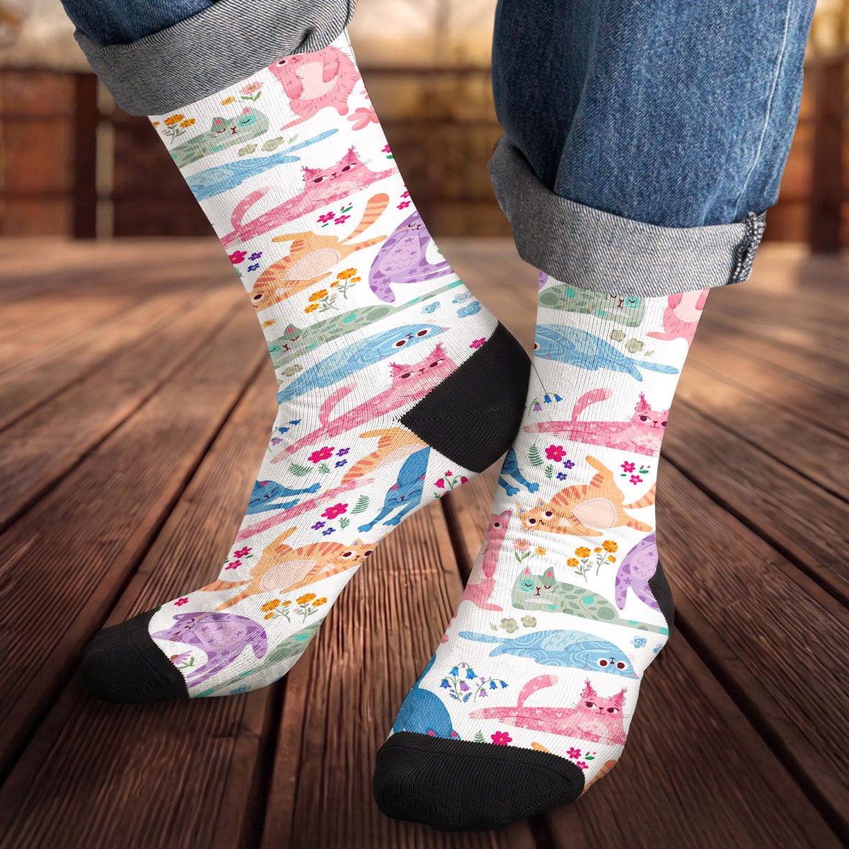 Cat Crew Socks Cute Floral Cat