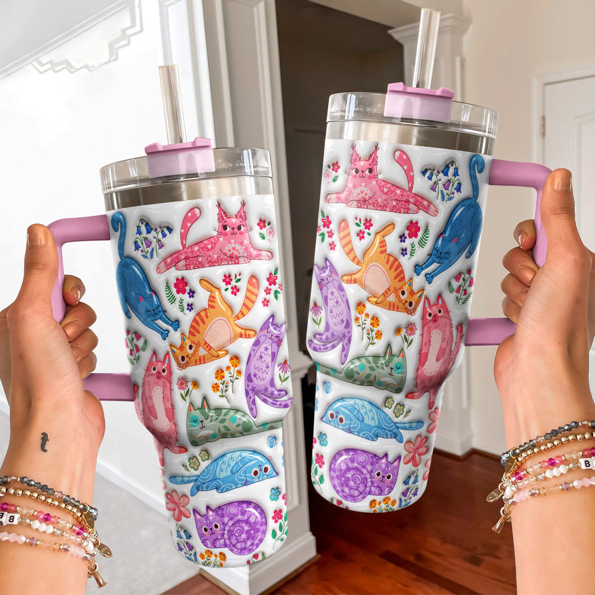 Cat Lover 40 oz Tumbler Cute Floral Cat