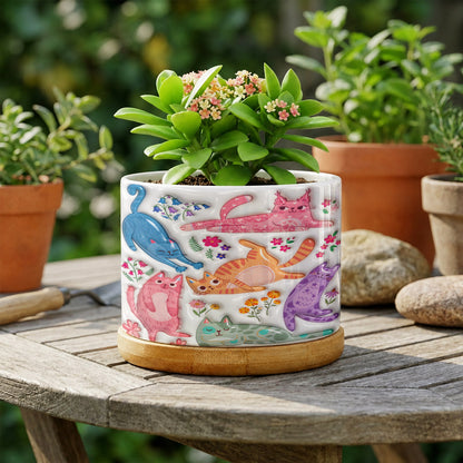 Cat Lovers Ceramic Plant Pot with Bamboo Tray Cute Floral Cat