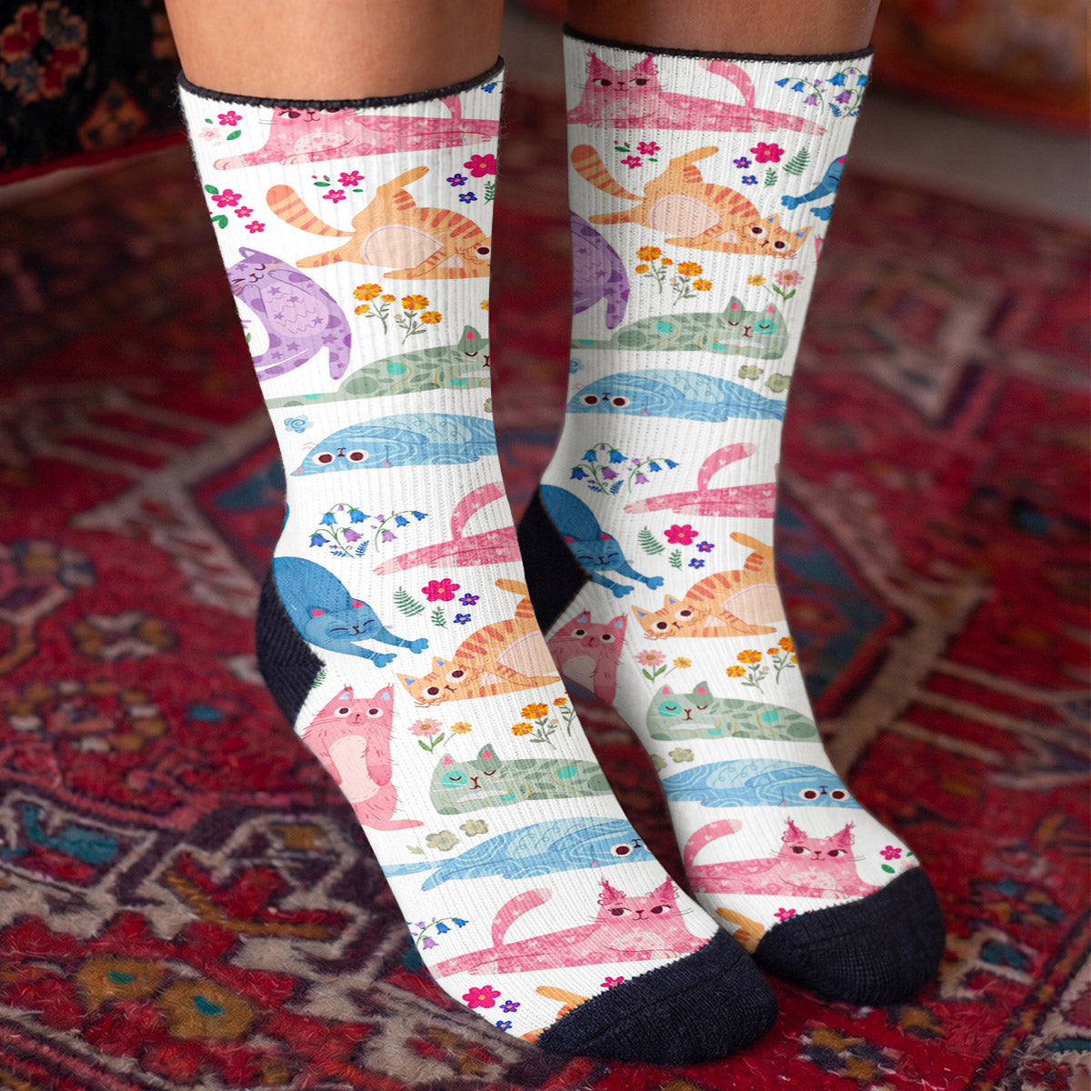 Cat Crew Socks Cute Floral Cat