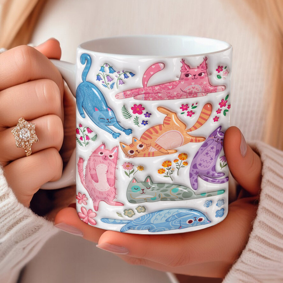 Cat Lover Ceramic Mug Cute Floral Cat