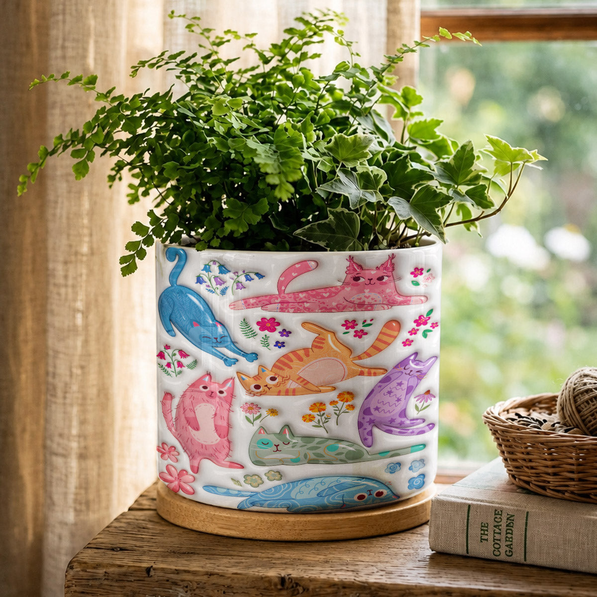 Cat Lovers Ceramic Plant Pot with Bamboo Tray Cute Floral Cat