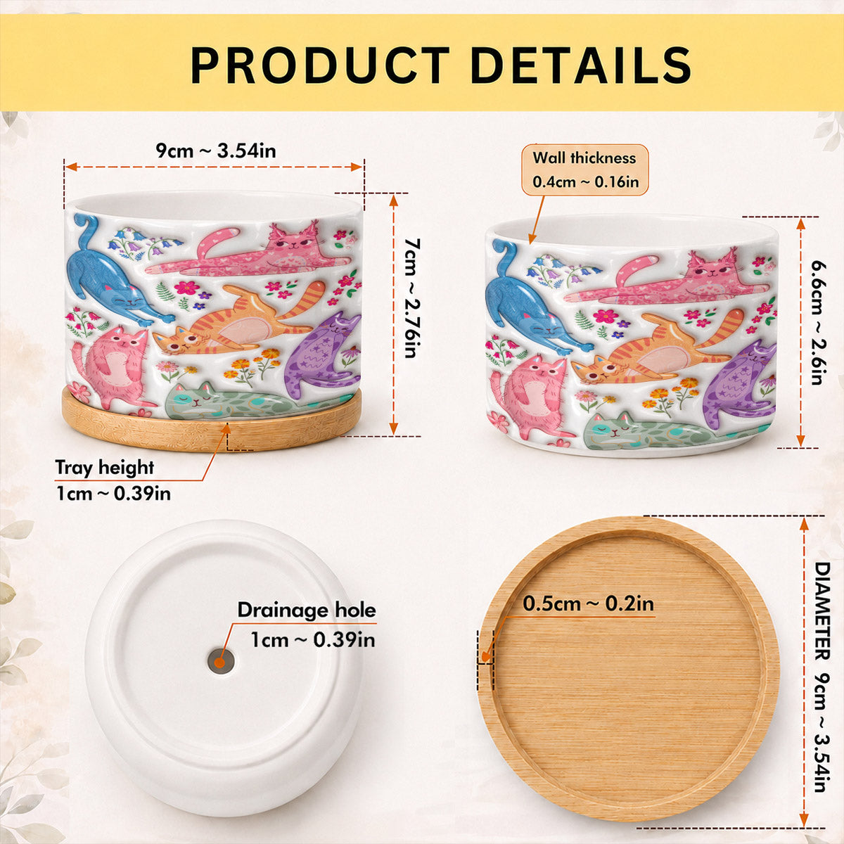 Cat Lovers Ceramic Plant Pot with Bamboo Tray Cute Floral Cat