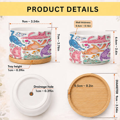 Cat Lovers Ceramic Plant Pot with Bamboo Tray Cute Floral Cat