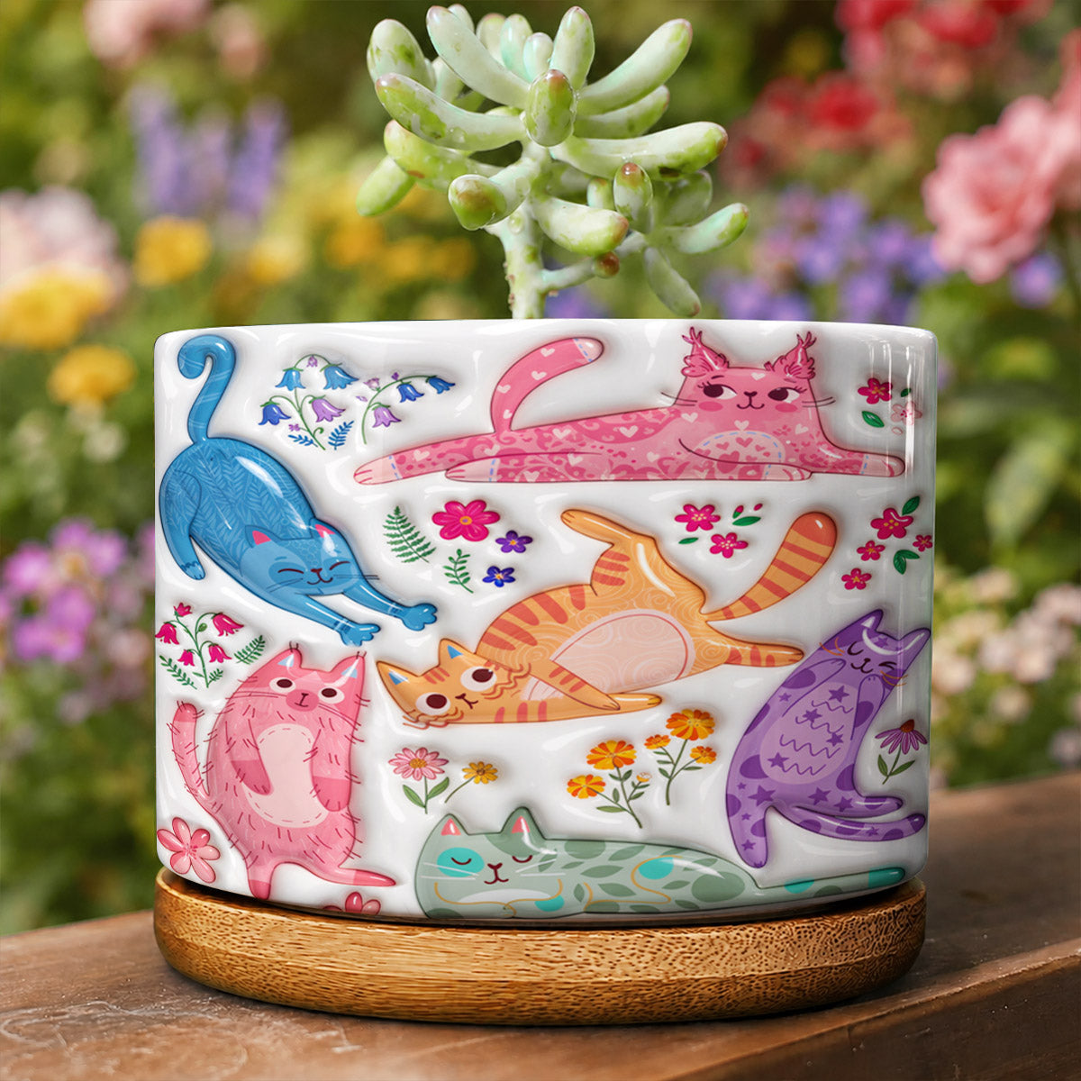 Cat Lovers Ceramic Plant Pot with Bamboo Tray Cute Floral Cat