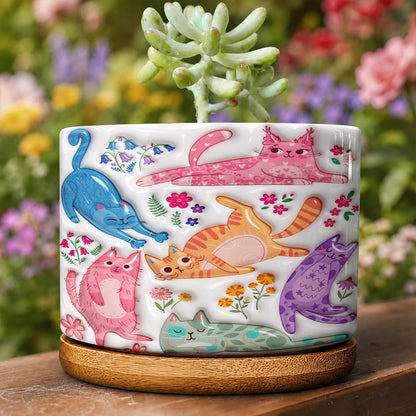 Cat Lovers Ceramic Plant Pot with Bamboo Tray Cute Floral Cat