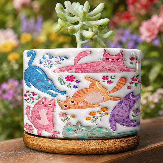 Cat Lovers Ceramic Plant Pot with Bamboo Tray Cute Floral Cat