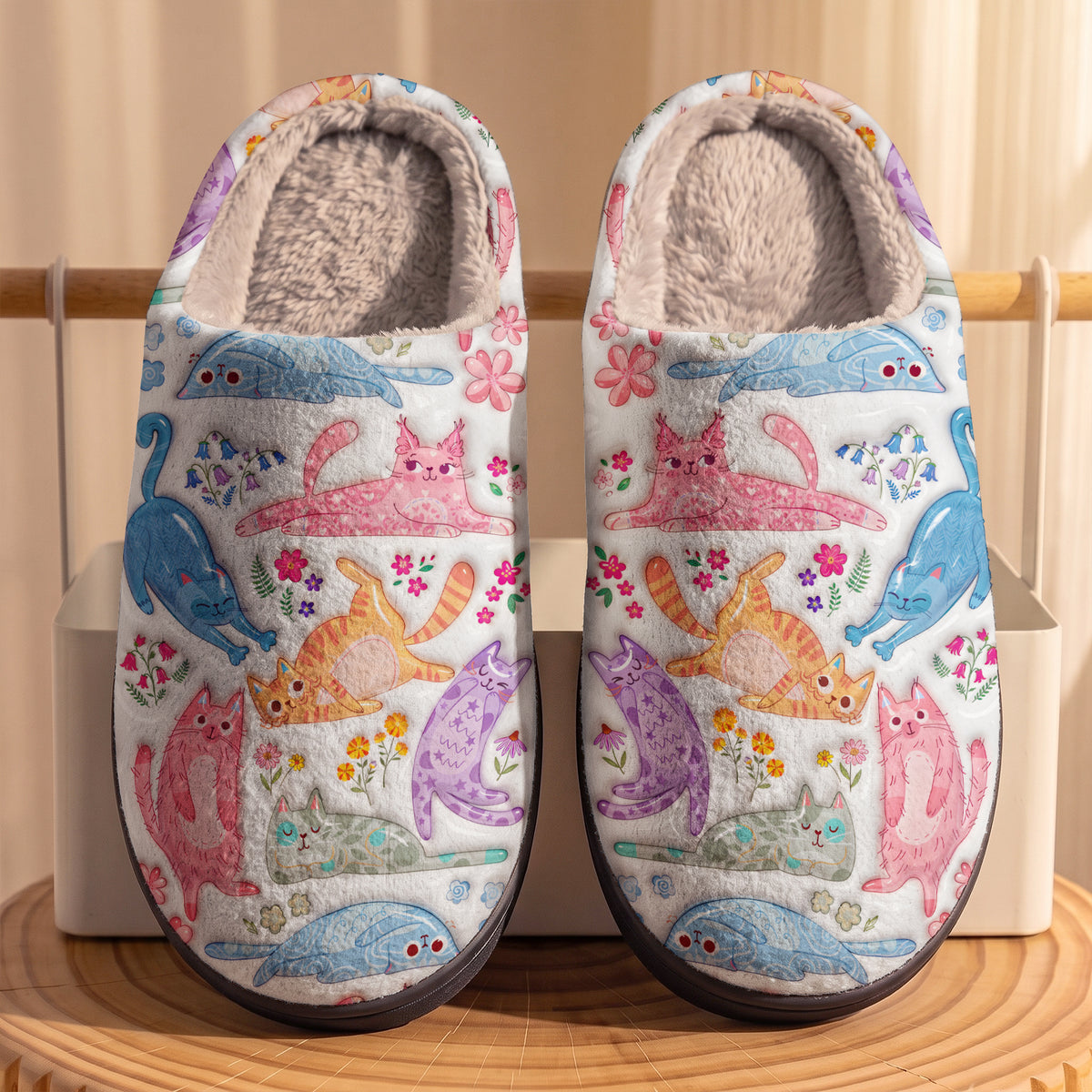 Cat Lover PB Fleece Lined Slippers Cute Floral Cat