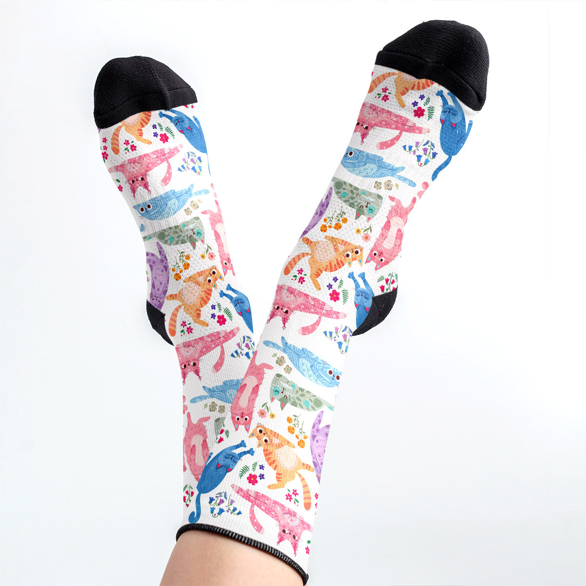 Cat Crew Socks Cute Floral Cat