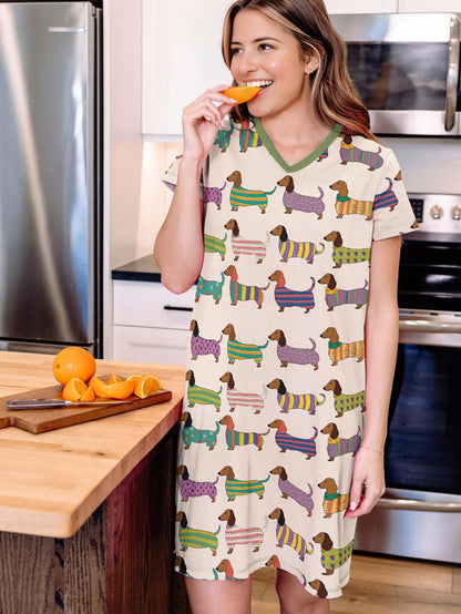 Dachshund V-neck Nightshirt Wiener in Stripes