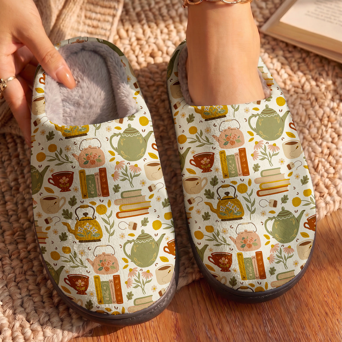 Reading Fleece Lined Slippers Drink Tea Read Books