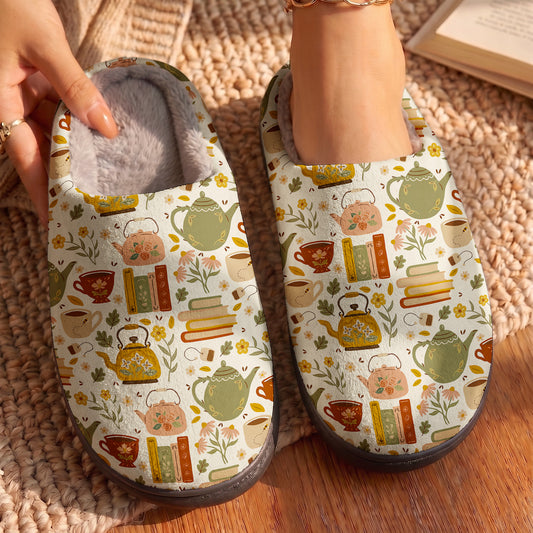 Reading Fleece Lined Slippers Drink Tea Read Books