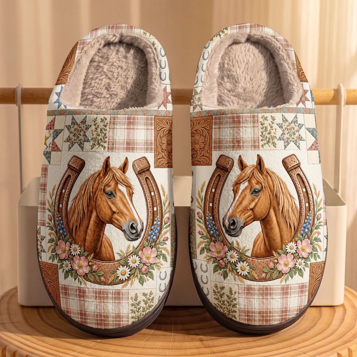 Horse Fleece Lined Slippers Country Patchwork Horse