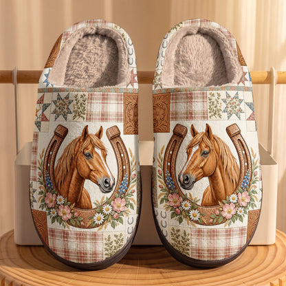 Horse Fleece Lined Slippers Country Patchwork Horse