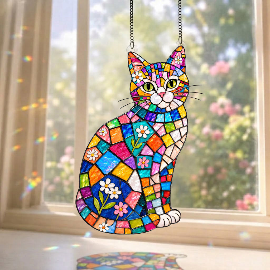 Cat Lovers 3D Glass Suncatcher Elegant Floral Cat