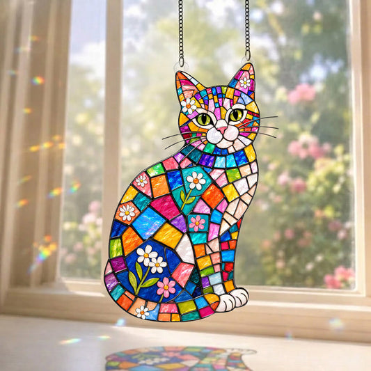 Cat Lovers 3D Glass Suncatcher Elegant Floral Cat