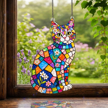 Cat Lovers 3D Glass Suncatcher Elegant Floral Cat