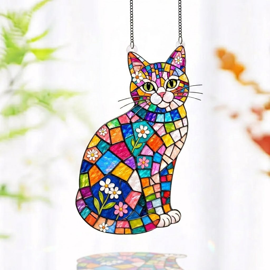 Cat Lovers 3D Glass Suncatcher Elegant Floral Cat