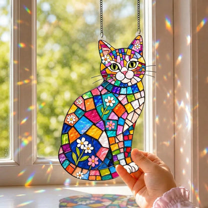 Cat Lovers 3D Glass Suncatcher Elegant Floral Cat