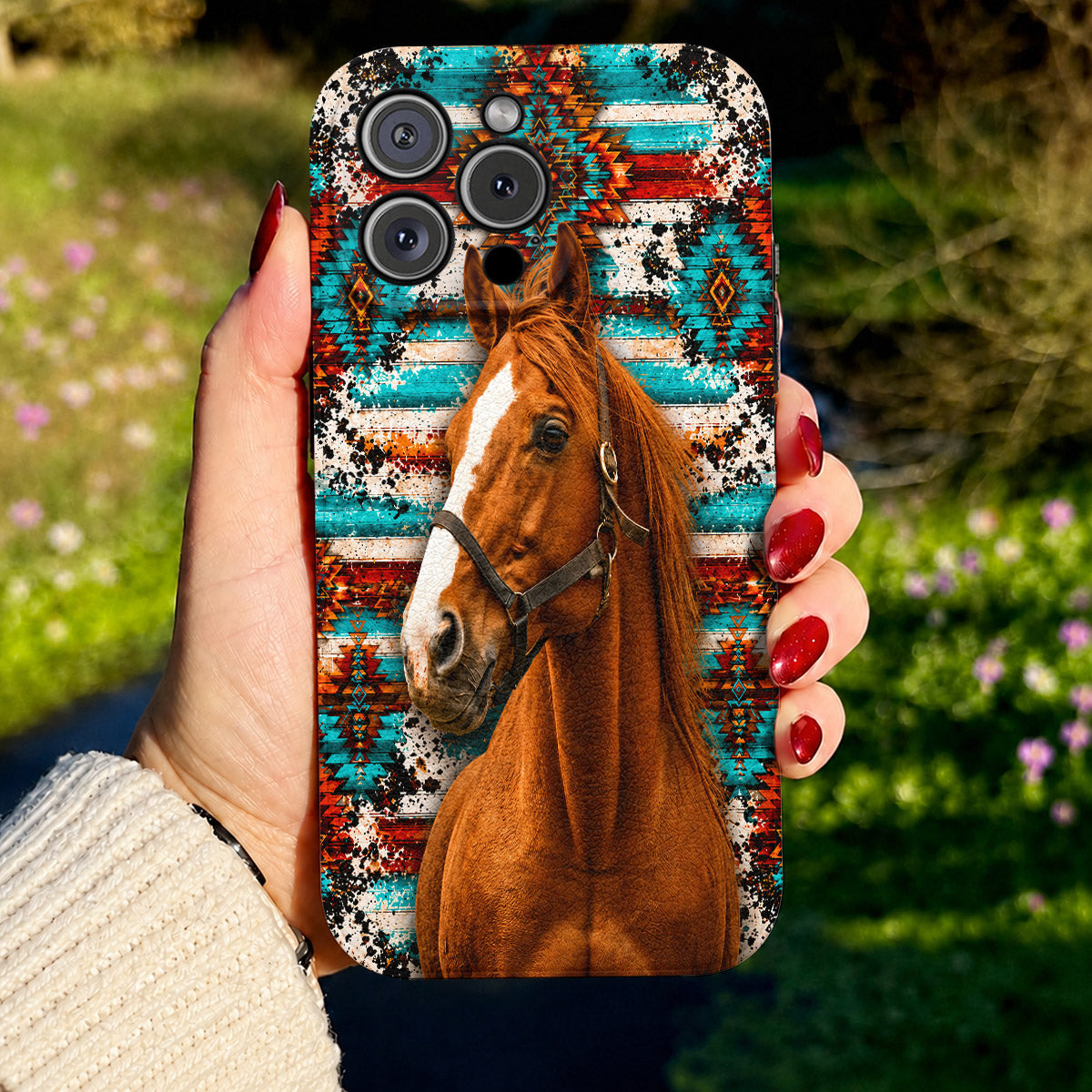 Horse Lovers Leather Phone Case Elegant Native Horse - Beige