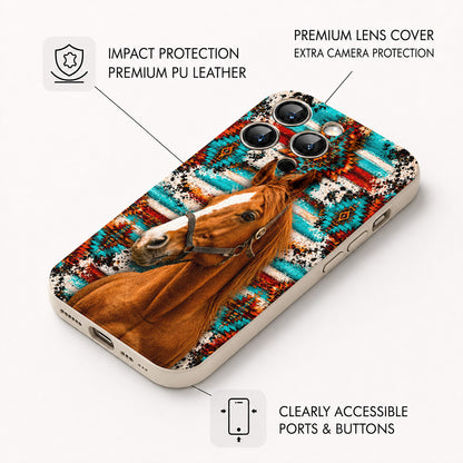 Horse Lovers Leather Phone Case Elegant Native Horse - Beige