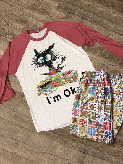 Sewing Lover Raglan Lounge Pajamas Exhausted Cat Quilting I'm OK