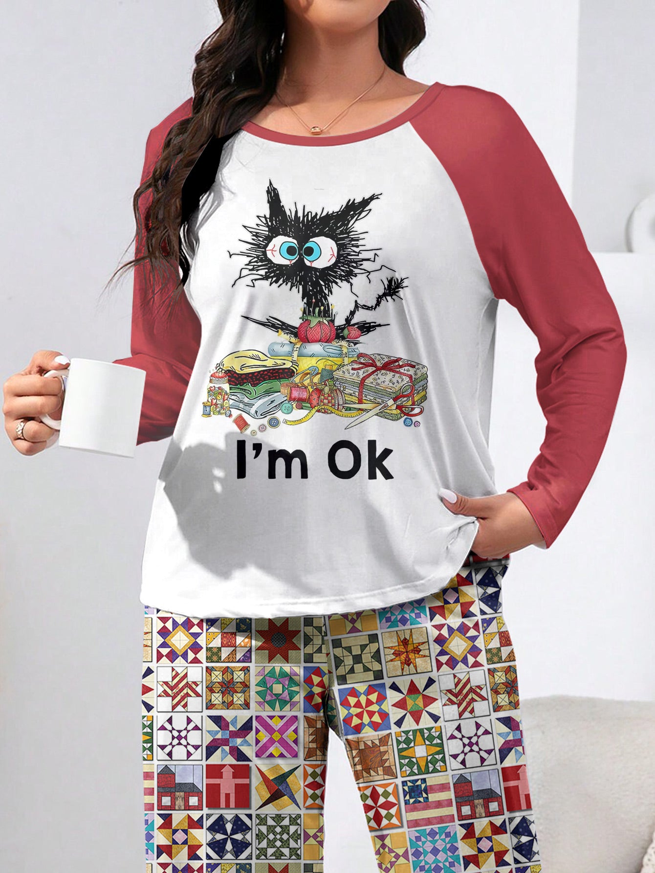 Sewing Lover Raglan Lounge Pajamas Exhausted Cat Quilting I'm OK