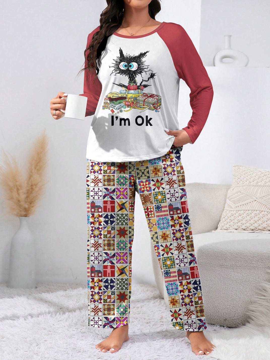 Sewing Lover Raglan Lounge Pajamas Exhausted Cat Quilting I'm OK