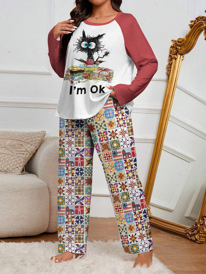 Sewing Lover Raglan Lounge Pajamas Exhausted Cat Quilting I'm OK