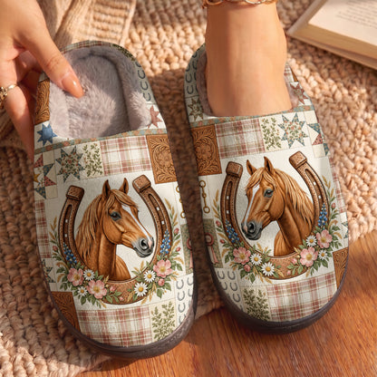 Horse Fleece Lined Slippers Country Patchwork Horse