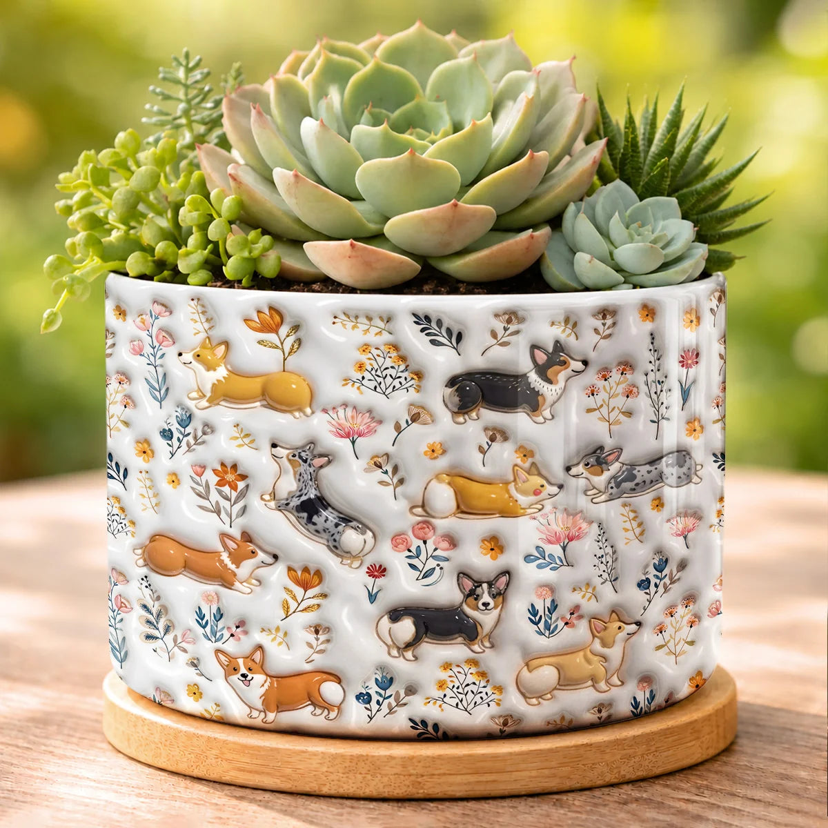 Corgi Flat Print Ceramic Plant Pot Happy Field Flowers