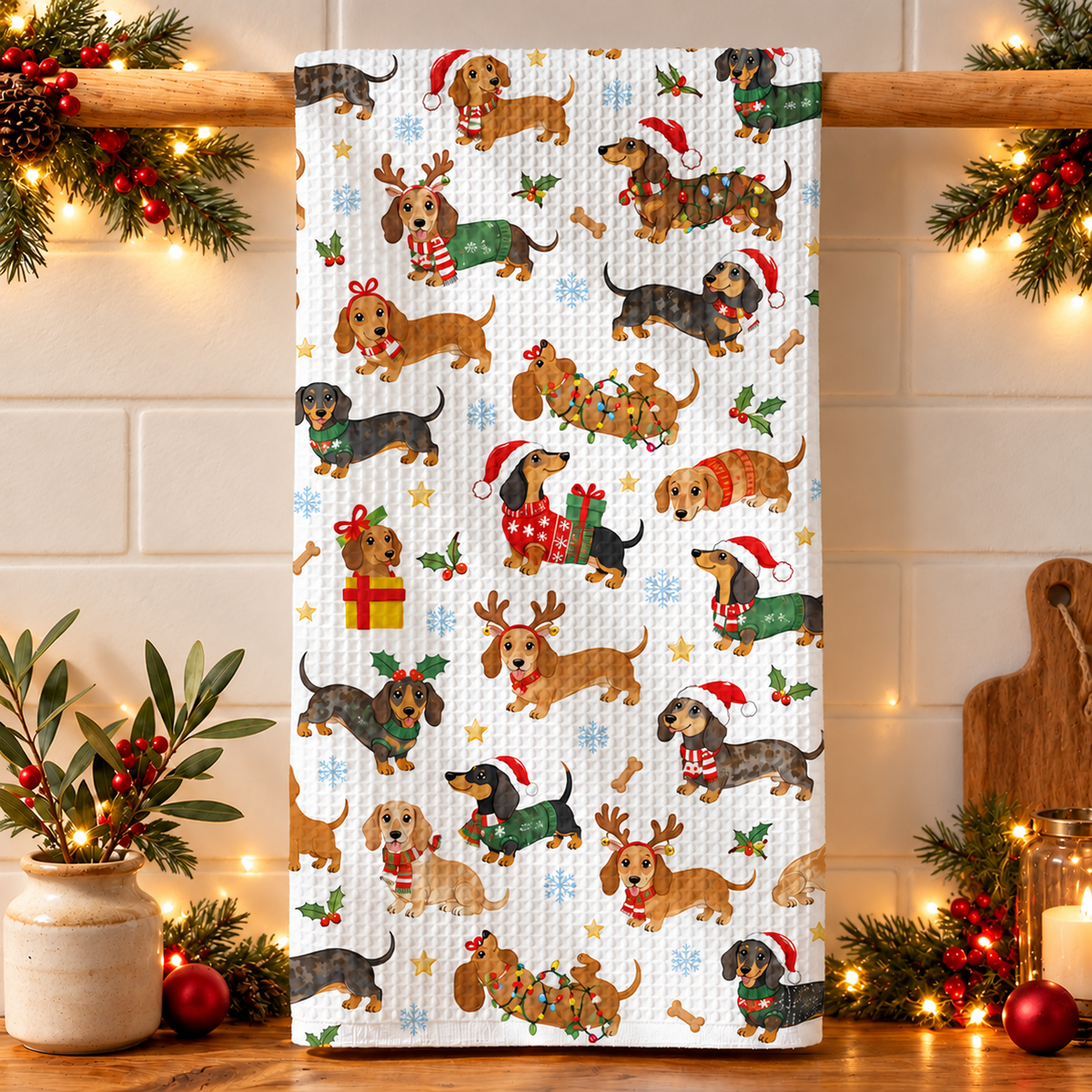 Dachshund Lover Kitchen Towel Festive Colorful Dachshunds