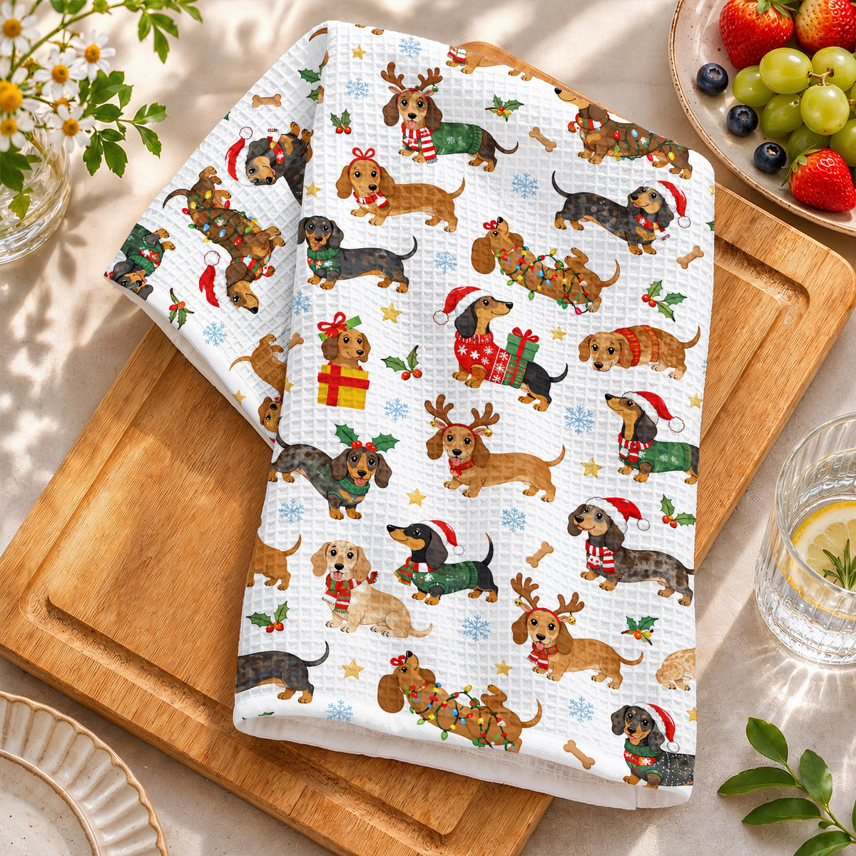 Dachshund Lover Kitchen Towel Festive Colorful Dachshunds