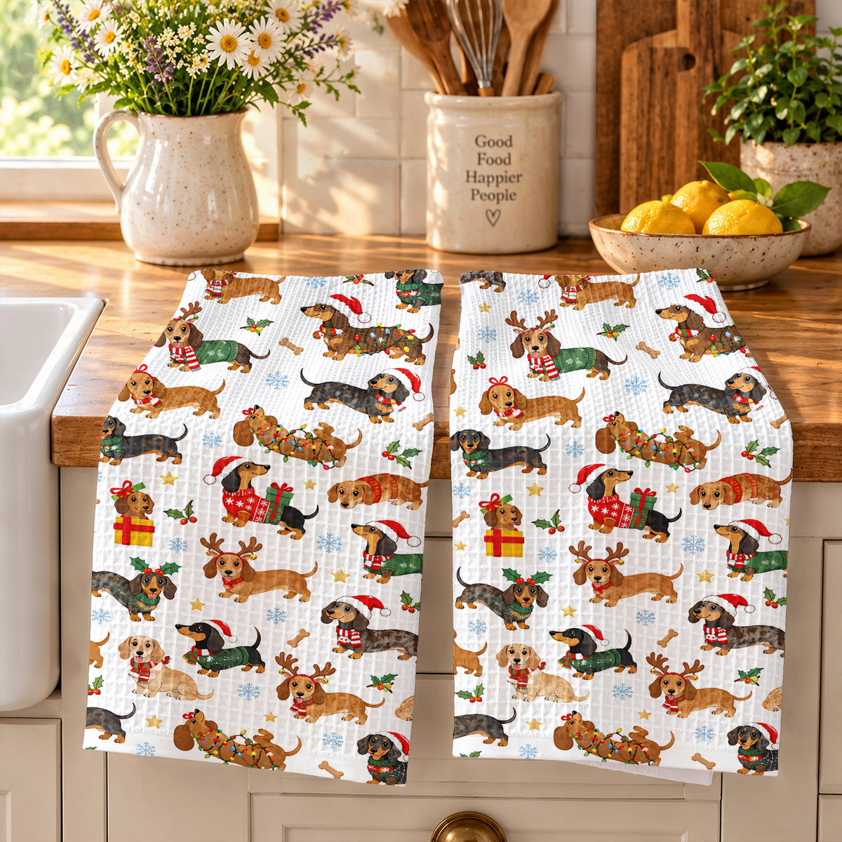 Dachshund Lover Kitchen Towel Festive Colorful Dachshunds