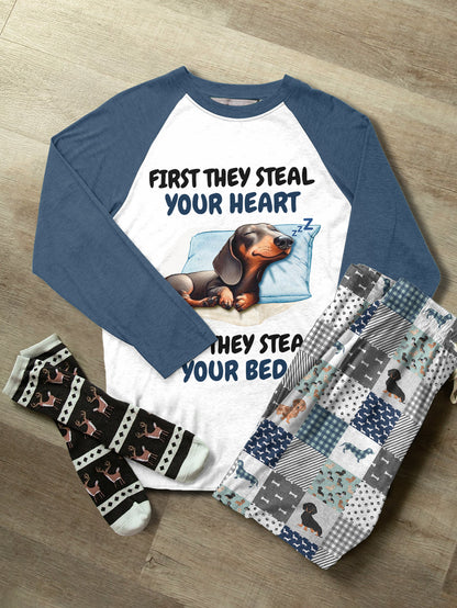 Dachshund Raglan Lounge Pajamas First They Steal Your Heart Then They Steal Your Bed
