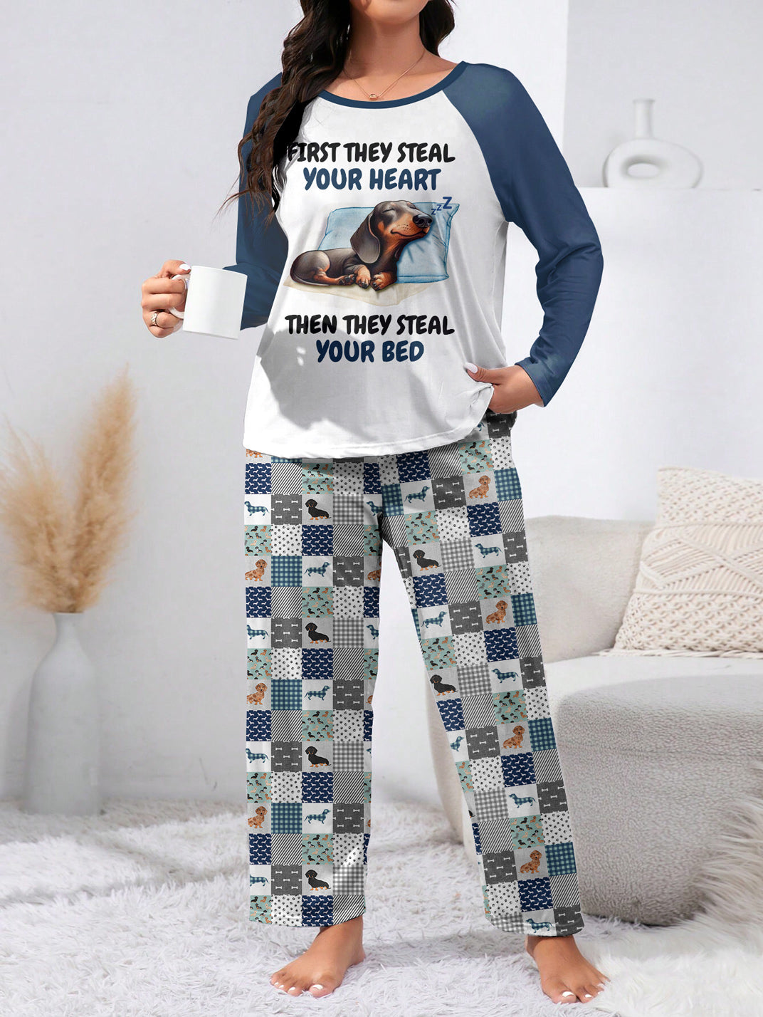 Dachshund Raglan Lounge Pajamas First They Steal Your Heart Then They Steal Your Bed