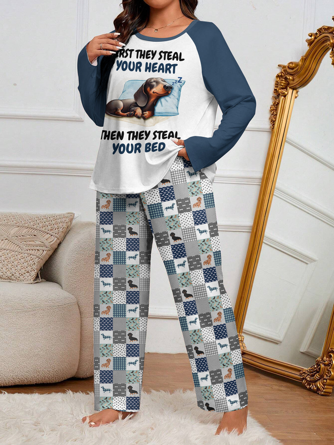 Dachshund Raglan Lounge Pajamas First They Steal Your Heart Then They Steal Your Bed