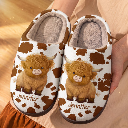 Highland Cow Fleece Lined Slippers Personalized Cowhide Spots
