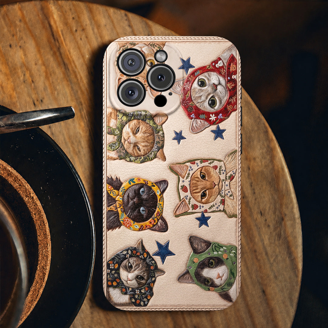 Cat Leather Phone Case Floral Scarf Cats