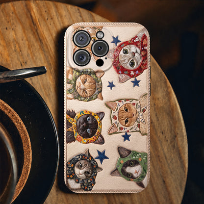 Cat Leather Phone Case Floral Scarf Cats
