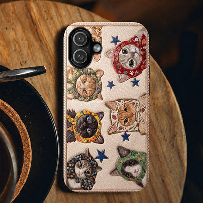 Cat Leather Phone Case Floral Scarf Cats