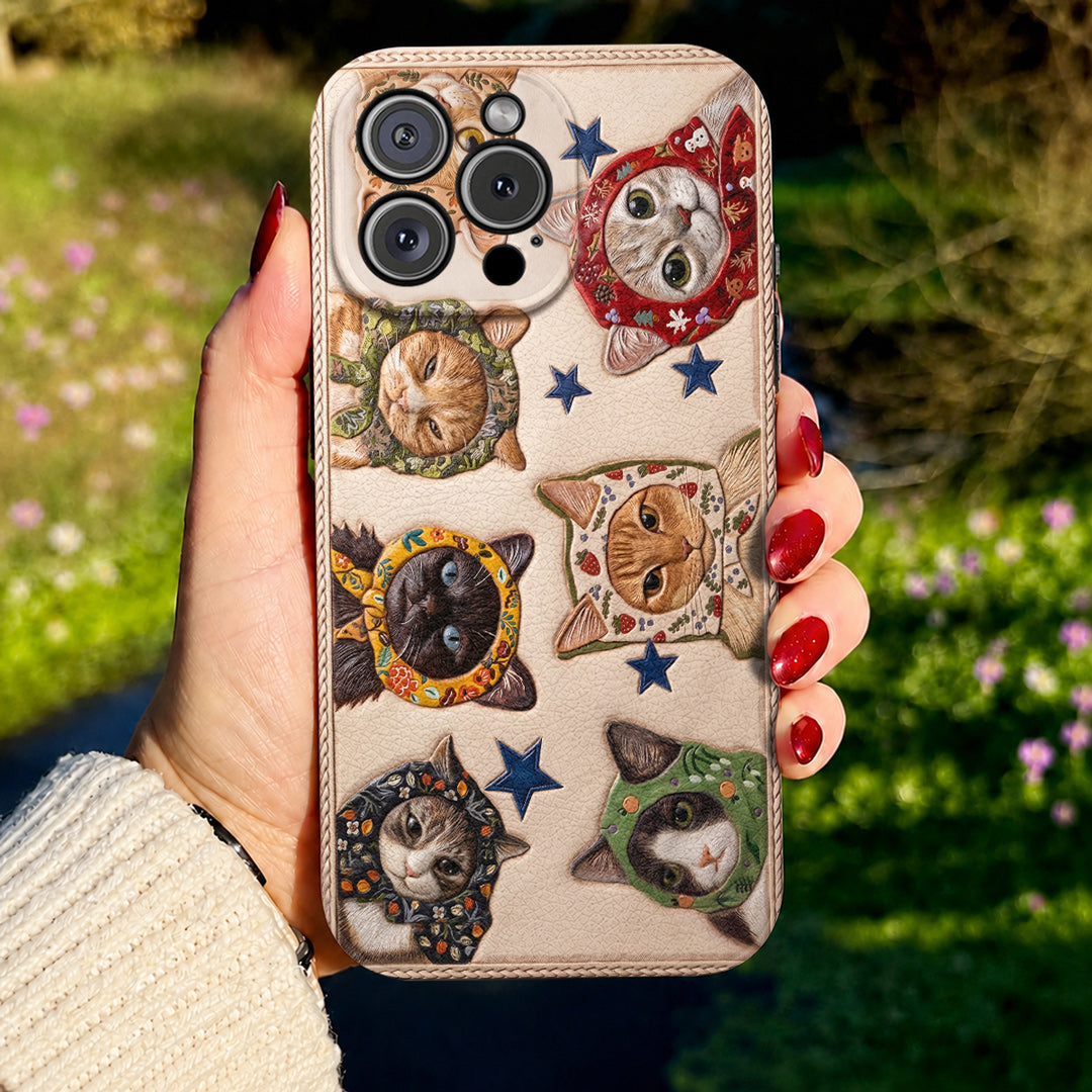 Cat Leather Phone Case Floral Scarf Cats